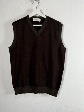 Vestimenta Mens Brown Wool Sweater Vest V-Neck Ribbed Trim Pullover Italy Made